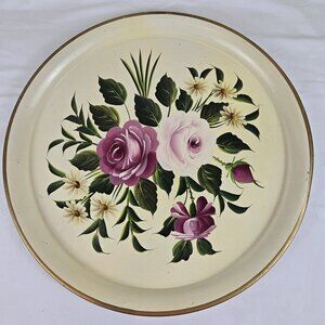 Tole by Pilgrim Art Large Round Metal Tray Roses and Daisy Pattern Gold Rim